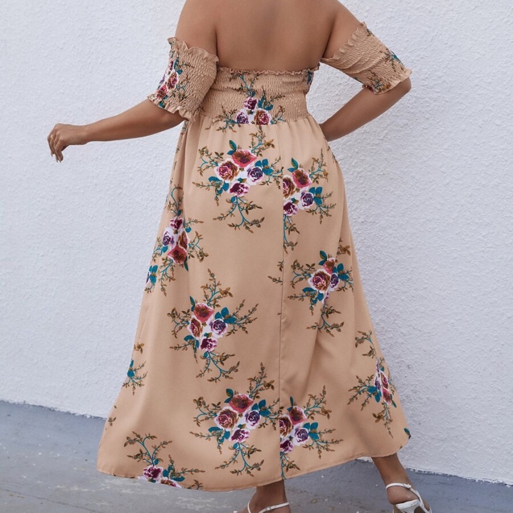 Boho Plus Floral Print Off Shoulder Cottagecore Dress - Picture 11 of 14